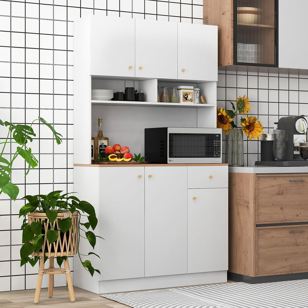 71" Tall Kitchen Hutch, Modern Pantry Storage Cabinet with Power Outlets...