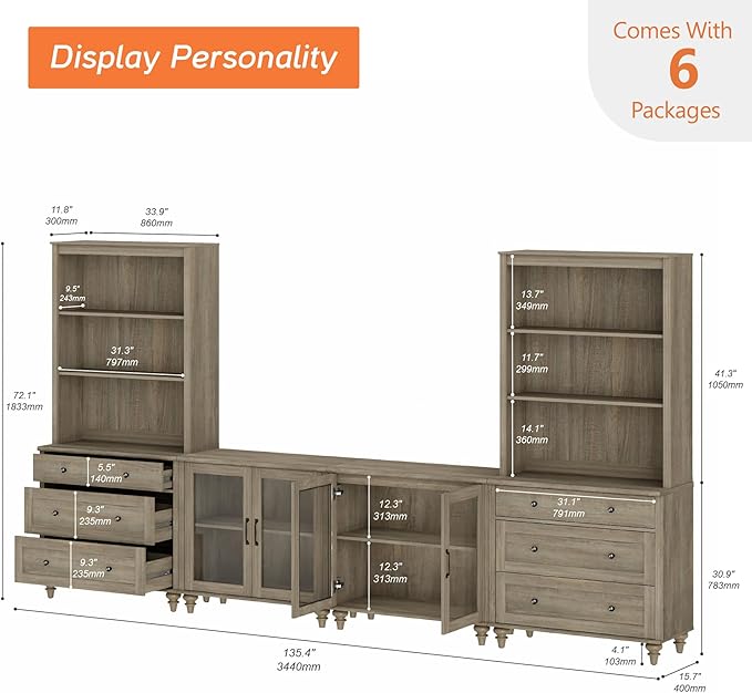 WAMPAT Entertainment Center with Bookshelves for TVs up to 75", Farmhous...