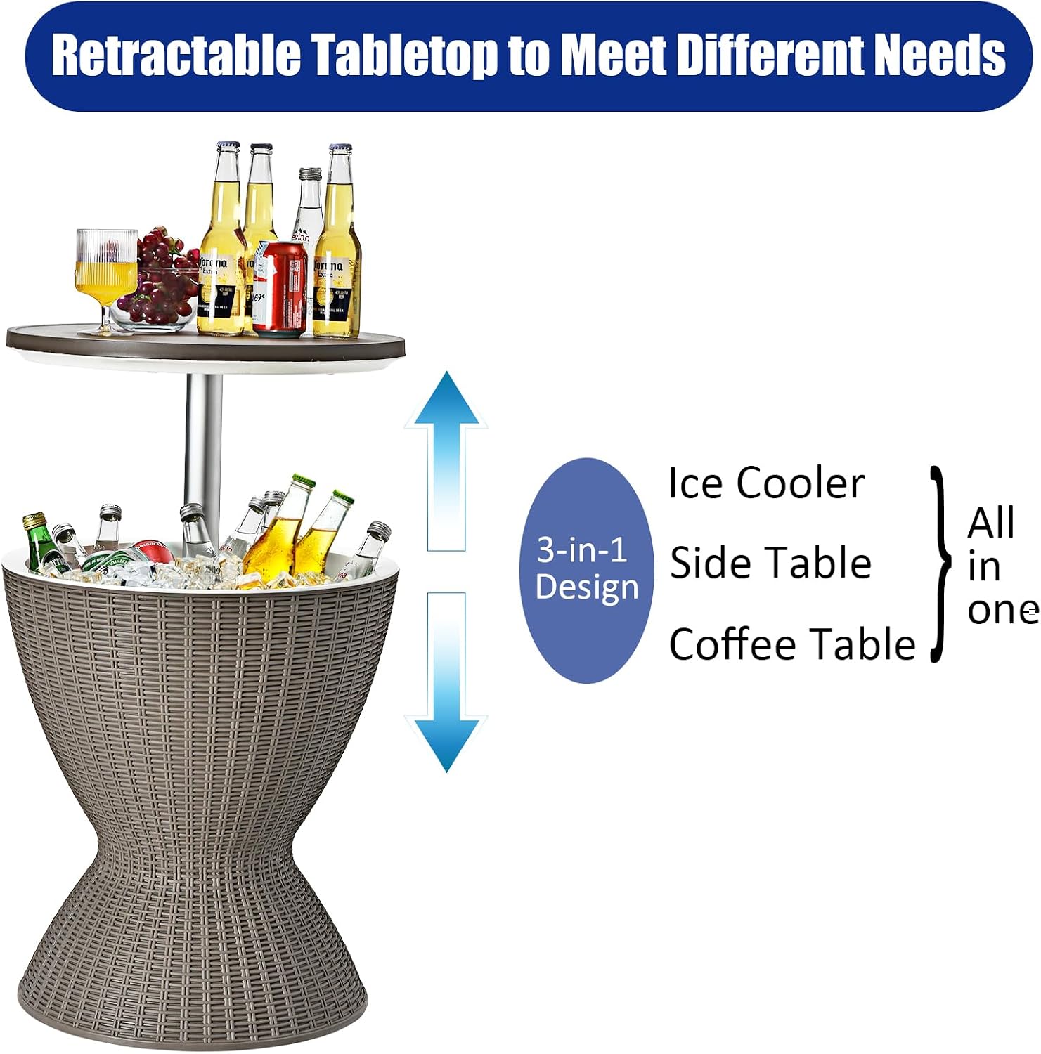 Giantex Outdoor Ice Cooler Side Table with Adjustable Height, 8 Gal Beverage Bucket with Drain Plug, Rattan Patio Bar Table for Poolside, Deck, BBQ & Backyard Parties
