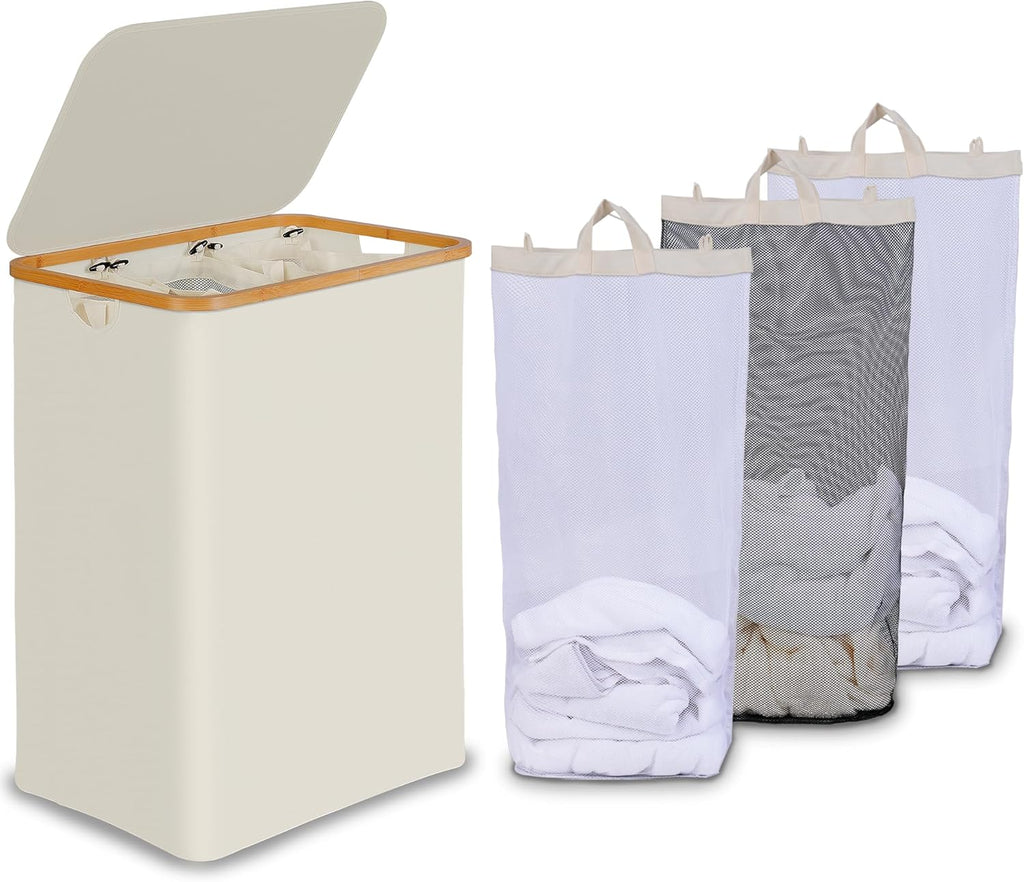 efluky Laundry Hamper with Lid, Trio Laundry Hamper with 3 Removable Bags, 3 Section Laundry Basket with Bamboo Handles for Bathroom, Bedroom & Laundry Room, 160L Beige