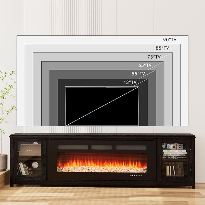 80'' Modern Electric Fireplace TV Stand, Entertainment Center with 50" Electric Fireplace, Wood Media Console Cabinet for TVs up to 90", for Living Room Bedroom, Black