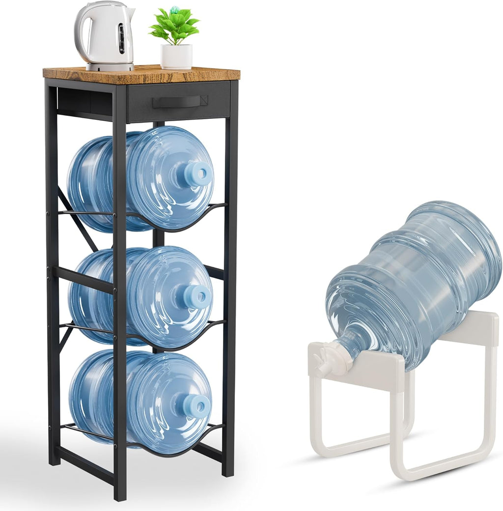 5 Gallon Water Jug Stand & Holder – 3-Tier Water Bottle Rack Organizer with Stainless Steel Stand, BPA-Free Fast-Flow Spout, Heavy-Duty Wood Top Shelf for Kitchen & Office