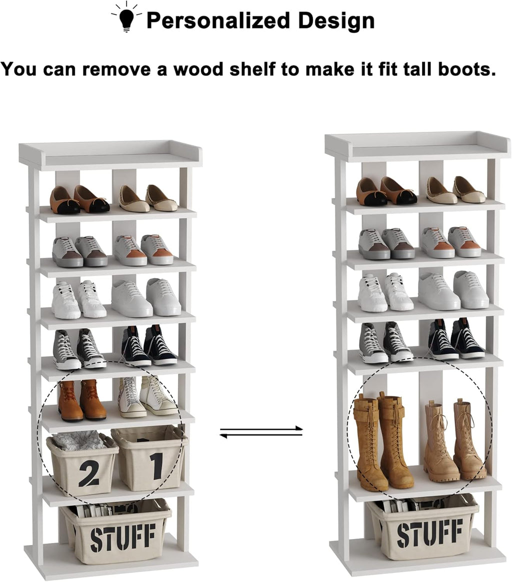 HOMEFORT 7-Tier Wood Shoe Rack, Double Rows 7-Tier Shoe Shelf, Shoe Storage Stand, Entryway Shoe Tower, Vertical Shoe Organizer Perfect for Narrow Closet, Entryway, Hallway, Bedroom in White