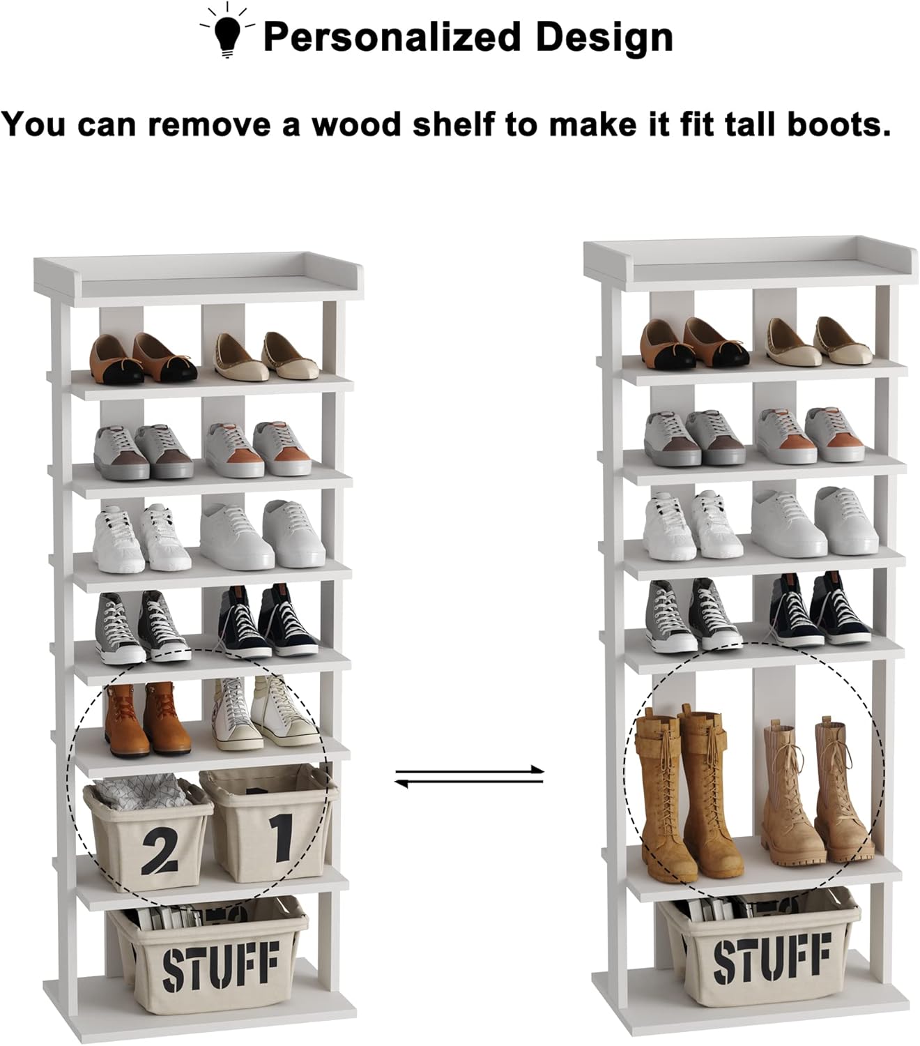 HOMEFORT 7-Tier Wood Shoe Rack, Double Rows 7-Tier Shoe Shelf, Shoe Storage Stand, Entryway Shoe Tower, Vertical Shoe Organizer Perfect for Narrow Closet, Entryway, Hallway, Bedroom in White