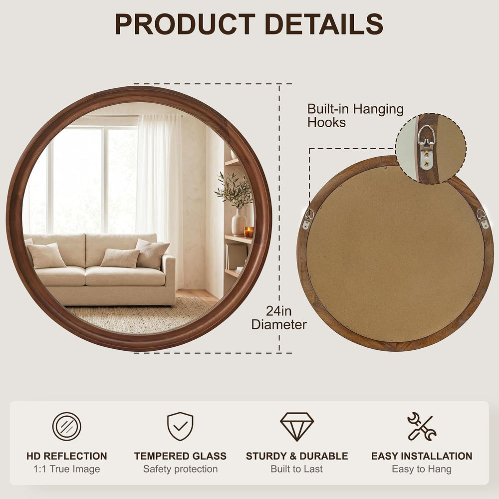 FICTOR Round Wood Mirror, 24" Circle Mirrors for Wall Decor, Walnut Brown