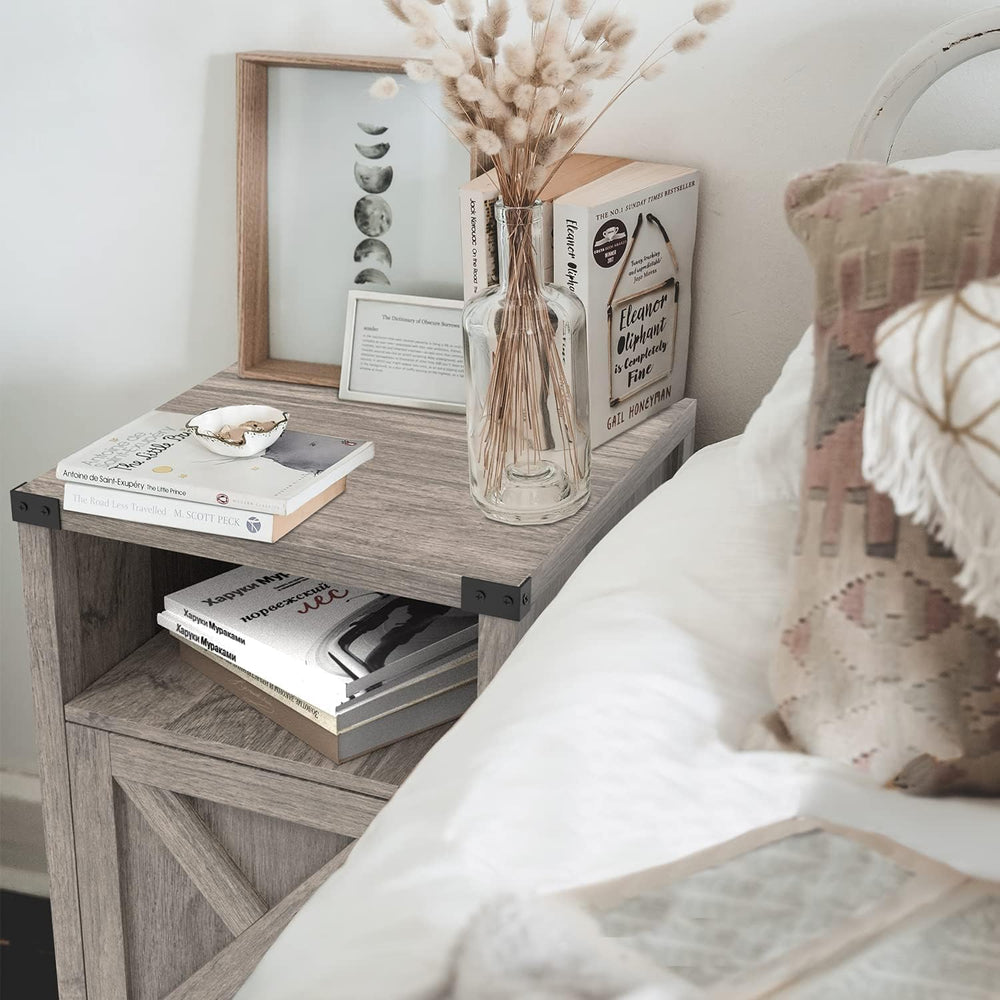 Farmhouse End Table, Nightstand with Barn Door and Shelf,Grey Wash | End Tabl...
