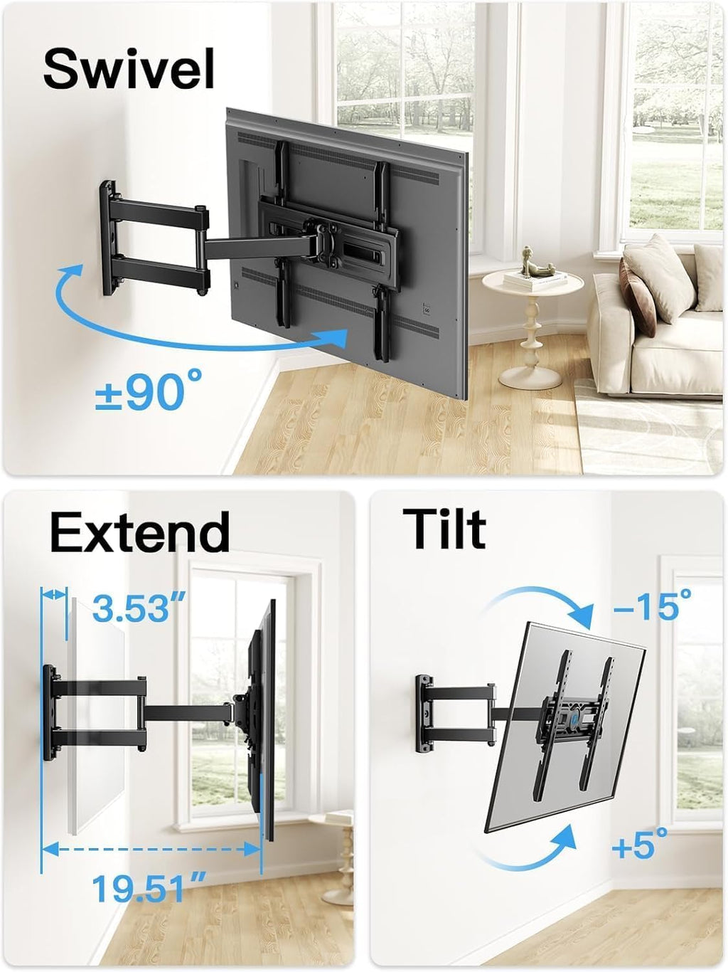 Pipishell Full Motion TV Wall Mount for Most 26-65 inch Flat & Curved TVs up to 77 lbs, Adjustable Bracket Height, Corner TV Mount with Single Articulating Arm, Max VESA 400x400mm, PIMF9