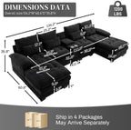 134" U Shaped Modular Black Sectional Couches for Living Room | Oversized 6-seat U-shaped sectional with chaise lounge, tufted chenille fabric and a storage console for plush comfort.
