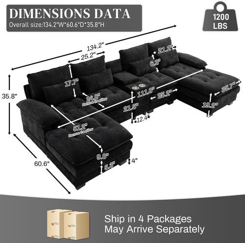 134" U Shaped Modular Black Sectional Couches for Living Room | Oversized 6-seat U-shaped sectional with chaise lounge, tufted chenille fabric and a storage console for plush comfort.