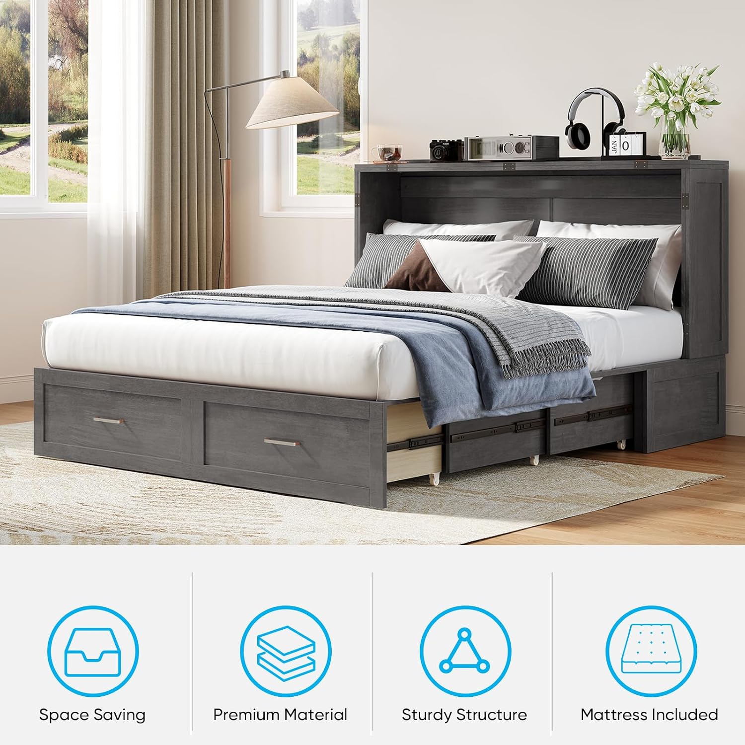 Mjkone Murphy Bed with Folding Mattress, Queen Size Cabinet Bed with USB Charging Station & Large Drawers, Cube Cabinet Beds for Guest Room, Home, Office (Grey)