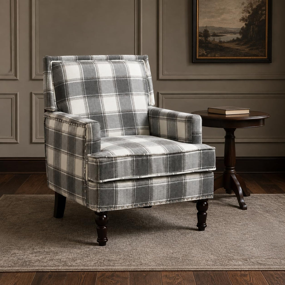 Plaid Accent Chair, Mid-Century Modern Armchair, Upholstered Decorative Readi...
