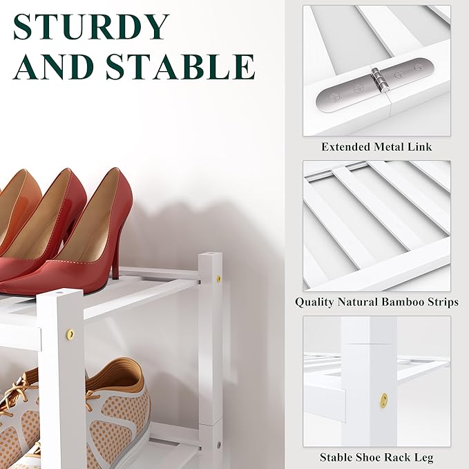 Smiry Shoe Rack, 2 Tier Bamboo Shoe Organizer, Stackable Free Standing Wooden Shoe Storage Shelf for Closet, Entryway, Front Door Entrance, White