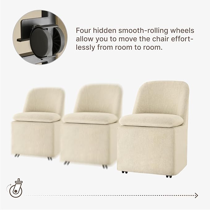 Upholstered Dining Chairs with Casters, Washable Cover Modern Dining Room Chairs with Thick Cushion & Sturdy Metal Frame for Kitchen, Living Room, Dressing Room, Sand Fabric, Set of 4