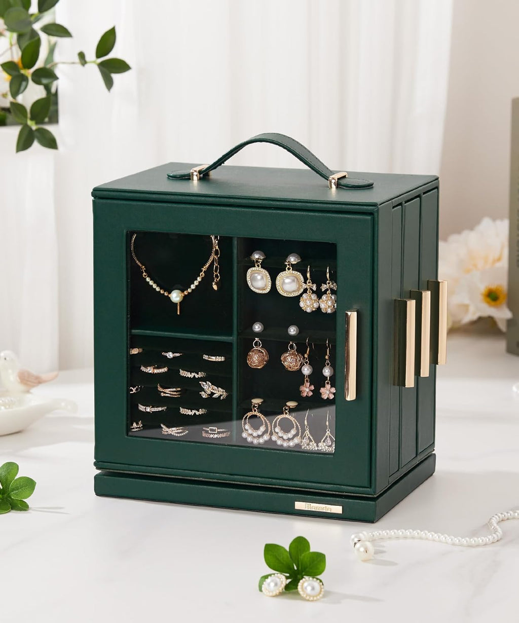 Homde Christmas Gifts Jewelry Box 360° Rotating, Necklace Earring Organizer with Transparent Window, Mirror, 7 Drawers, Large Ring Display Storage Case for Girls Women (Forest Green)