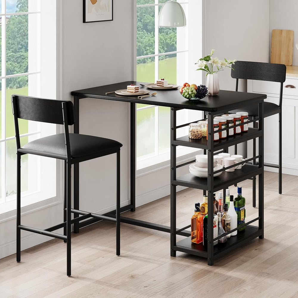 3 Piece Counter Height Dining Table Set for 2 with 3-Tier Storage Open Shelve...
