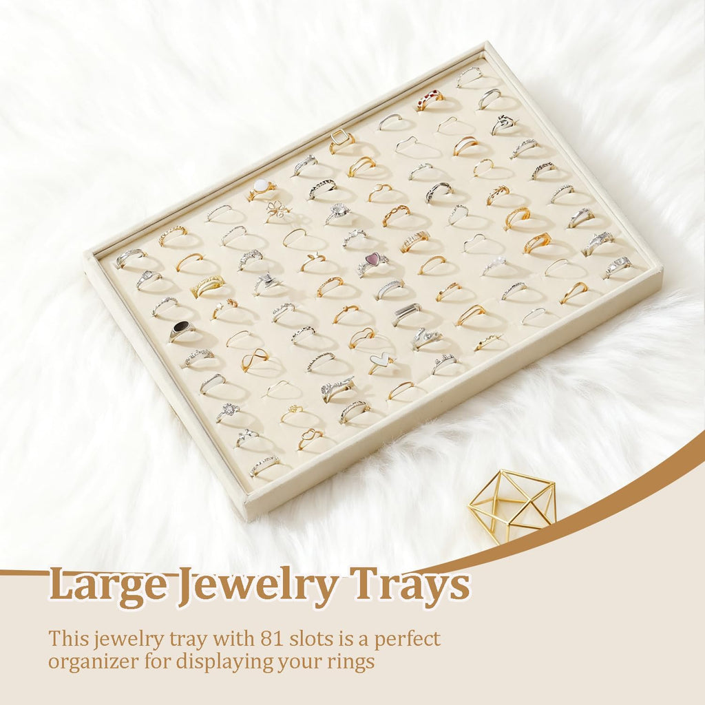 Large Jewelry Organizer for Drawer Insert Velvet Stackable Jewelry Trays for Earring Necklace Bracelet Ring Display (Beige, Ring 100 Slots)