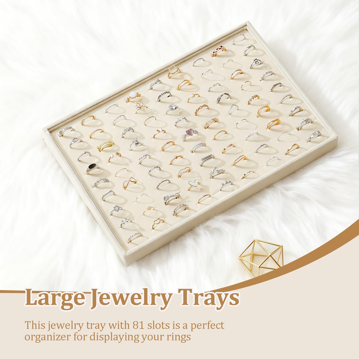 Large Jewelry Organizer for Drawer Insert Velvet Stackable Jewelry Trays for Earring Necklace Bracelet Ring Display (Beige, Ring 100 Slots)
