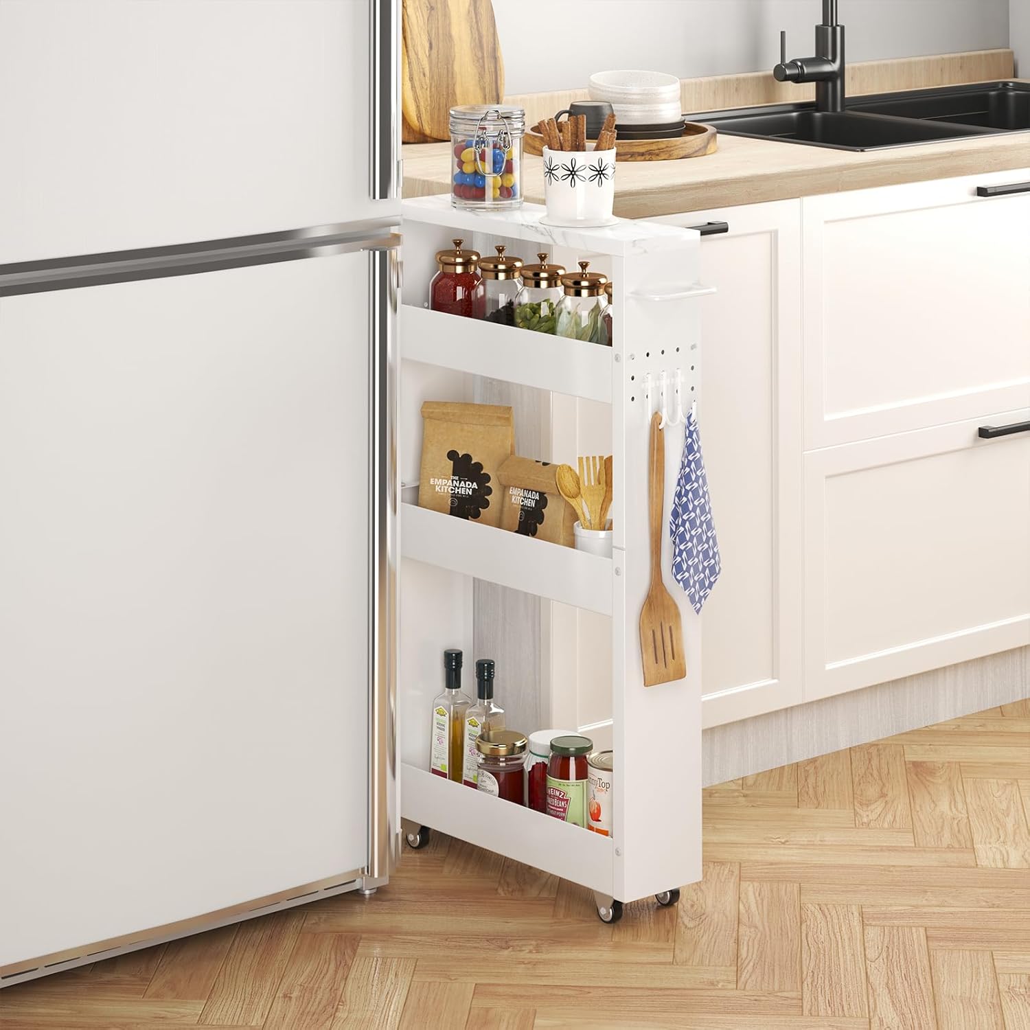 Slim Storage Cart, 5 in Width, 4-Tier White Rolling Cart with Handle & Wooden Top for Kitchen Bathroom Laundry Narrow Places