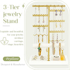 Poyilooo Earring Holder Jewelry Stand, 3 Tier Jewelry Organizer with Ring Holder Tray for Necklace Earring Keychains Bracelet Rings Display Jewelry Tree Stand (Whitegold)