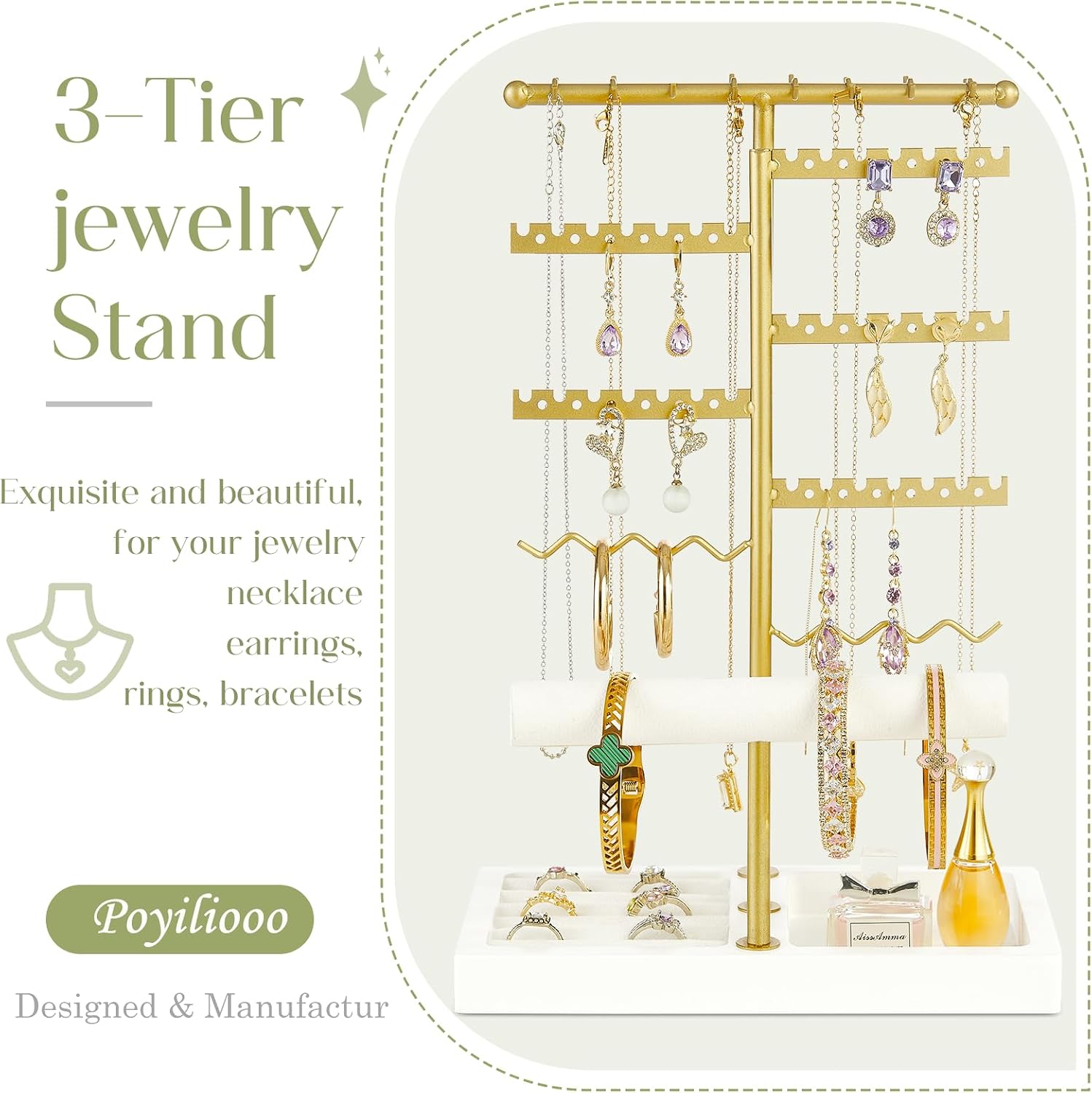 Poyilooo Earring Holder Jewelry Stand, 3 Tier Jewelry Organizer with Ring Holder Tray for Necklace Earring Keychains Bracelet Rings Display Jewelry Tree Stand (Whitegold)