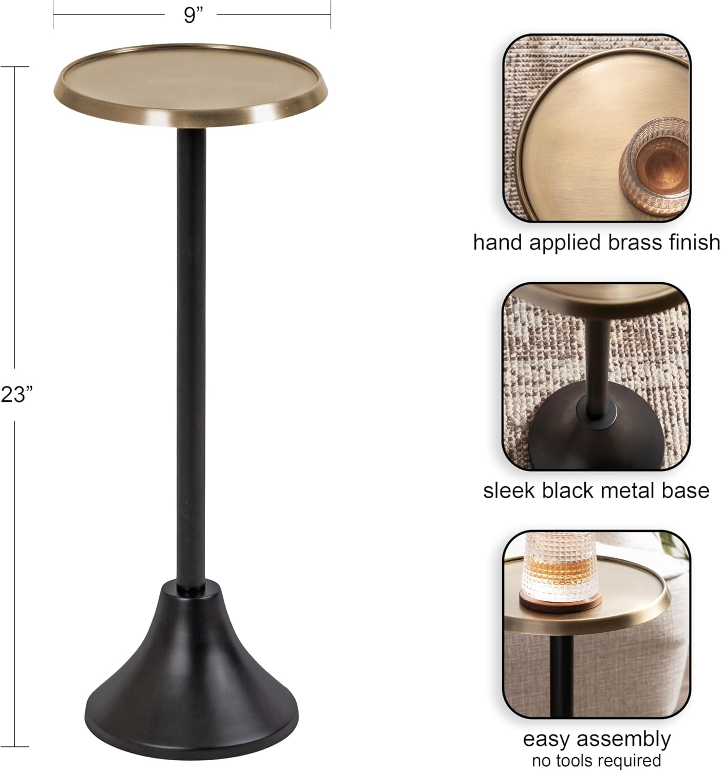 Kate and Laurel Sanzo Modern Pedestal Drink Table; 9 x 9 x 23; Antique Brass and Black; Decorative End Table with Hammered Tabletop for Use as Small Plant Stand or Living Room Martini Table