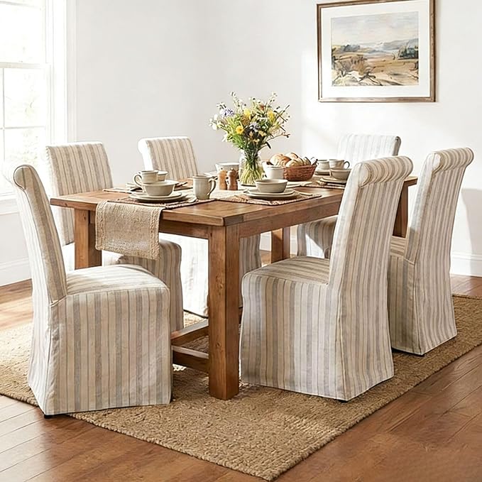 Parsons Dining Chairs Set of 2 Upholstered Linen Fabric Kitchen Chairs with Removable Skirt, High Back Side Chairs with Solid Wood Legs for Dining/Living Room, Banquet,Khaki