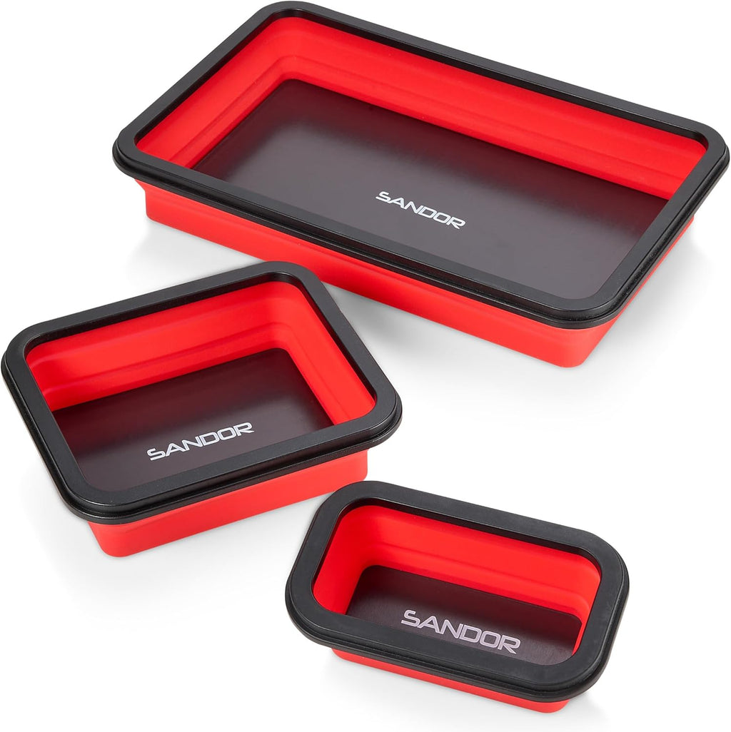 Collapsible Magnetic Parts Tray Set - 3 Different Size Tool Trays for Screw, Bolts, Nuts, Washers, Pins and Other Small Metal Parts, Mechanic Tool Gifts for Men - Red
