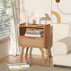 Lerliuo Rattan Nightstands Set of 2 with Charging Station, Side Table with Drawer, Cane Accent Bedside End Table with Solid Wood Legs, Night Stand for Bedroom, Dorm and Small Spaces (Tea Brown)