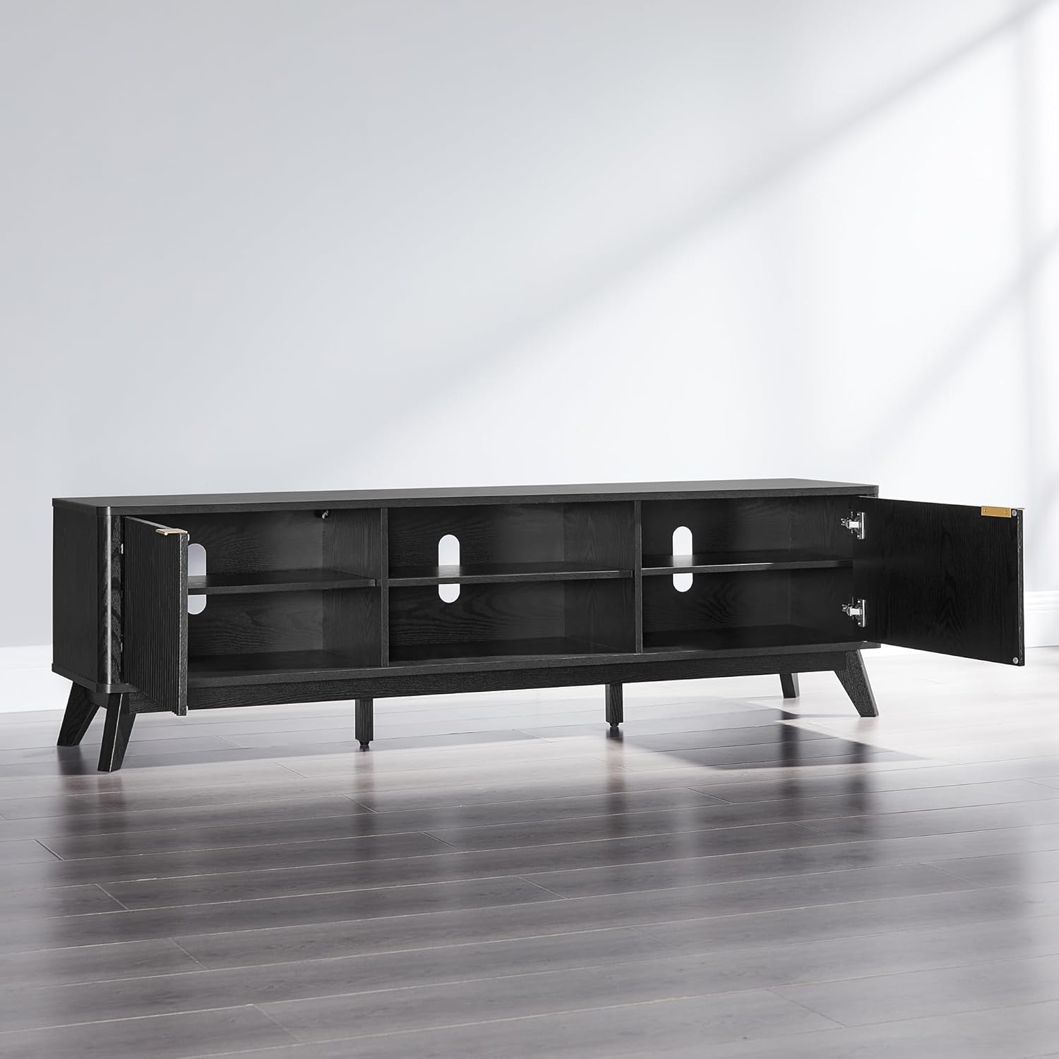 OKD 70" Mid Century Modern Fluted TV Stand, Entertainment Center, Sideboard, Media Console for Living Room with 2 Soft Close Door/Adjustable Shelves (Black Oak)