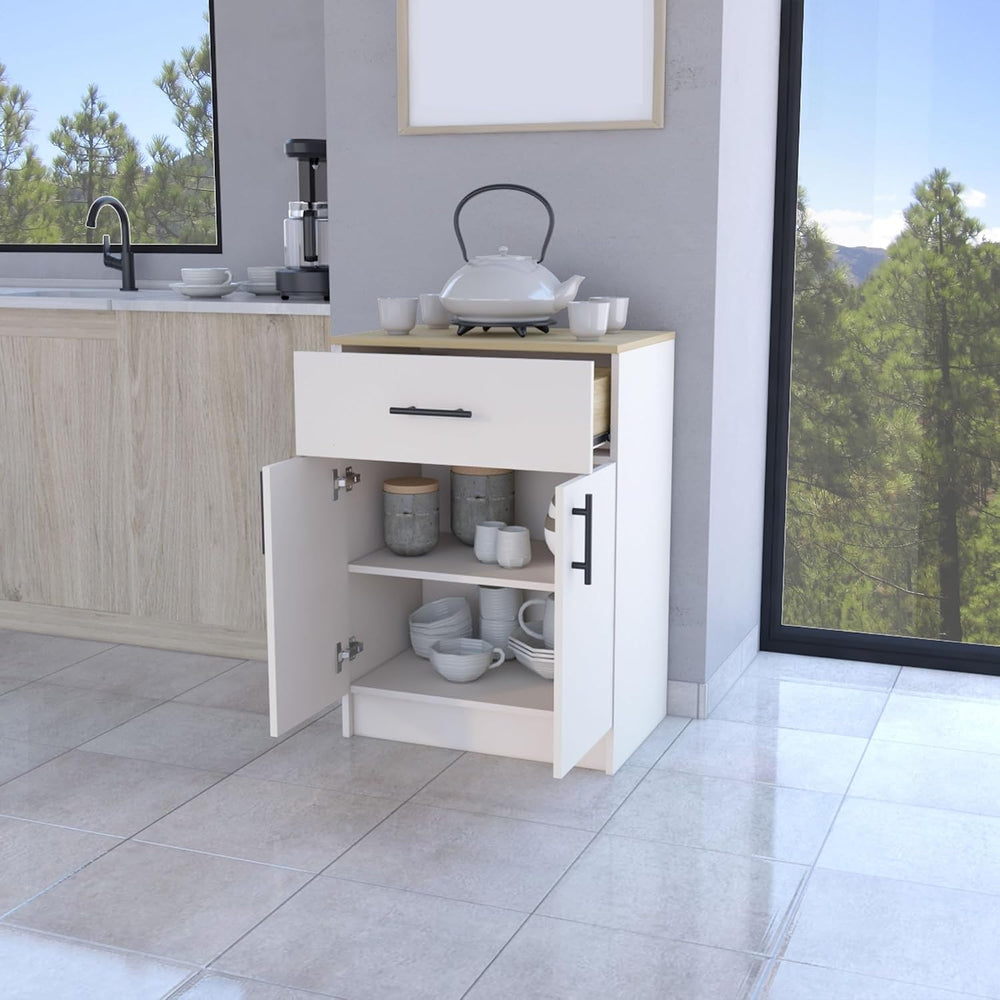 Cope Kitchen Pantry in Melamine with 2 Doors and 1 Drawer, Ivory/Natural Oak,...