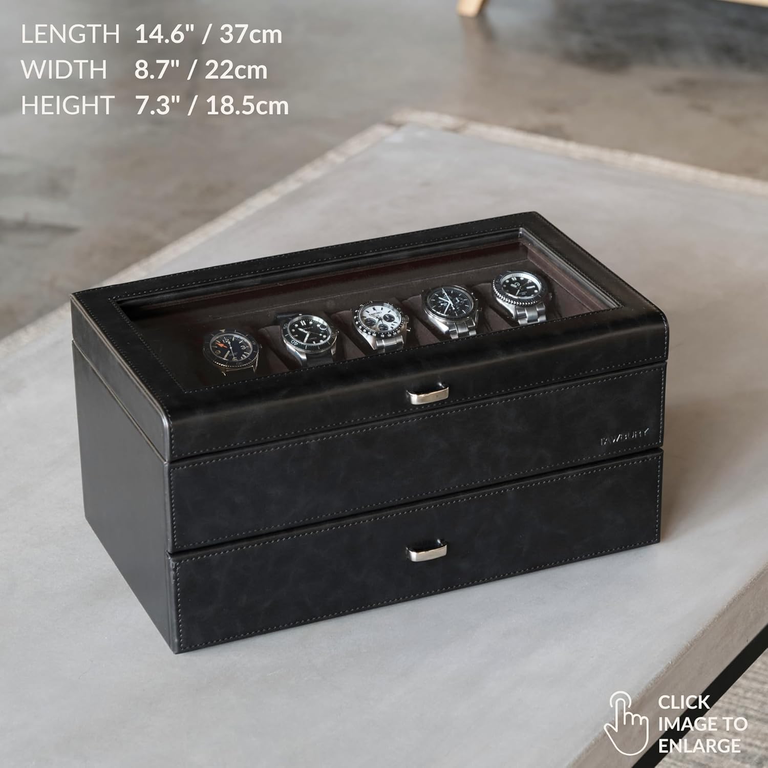 TAWBURY Watch Box for Men - Extra Large 24 Slot Watch Case with Real Glass Display, Removable Drawer and 2-inch Wide Pillows for Large Watches (Black/Charcoal)