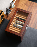 Wood Fountain Pen Case, 24 Slot Storage Organizer with Drawer, Glass Top Display Box for Collection