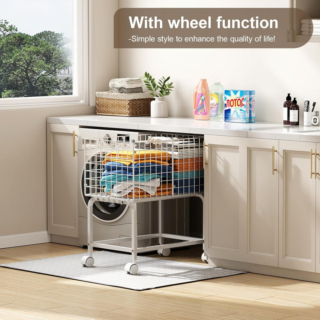 Wire Laundry Hamper Cart,80L Laundry Hamper Trolley with Pull Handle,White High Laundry Basket Cart for Laundry Room,Bathroom,Bedroom-White（23.6 * 15.75 * 28inch）