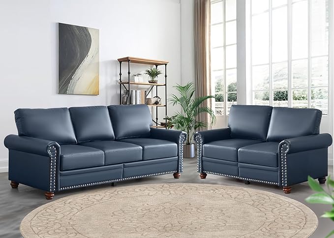 Faux Leather Sofa,82" W Mid Century Modern Couch with Storage Place,Oversized 3 Seater Sofa with Nailhead Trim&Rolled Armrests,Deep Seat Comfy Couch for Living Room,Bedroom,Apartment,Office(Navy)