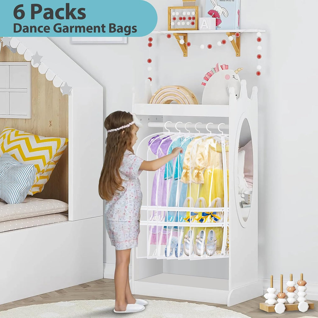 SLEEPING LAMB 6 Packs Clear Garment Bags for Dancers With 4 Pockets, 40" Kids Costume Bag for Travel and Dance Competition, Hanging Clothes Storage for Dress, Uniform, White