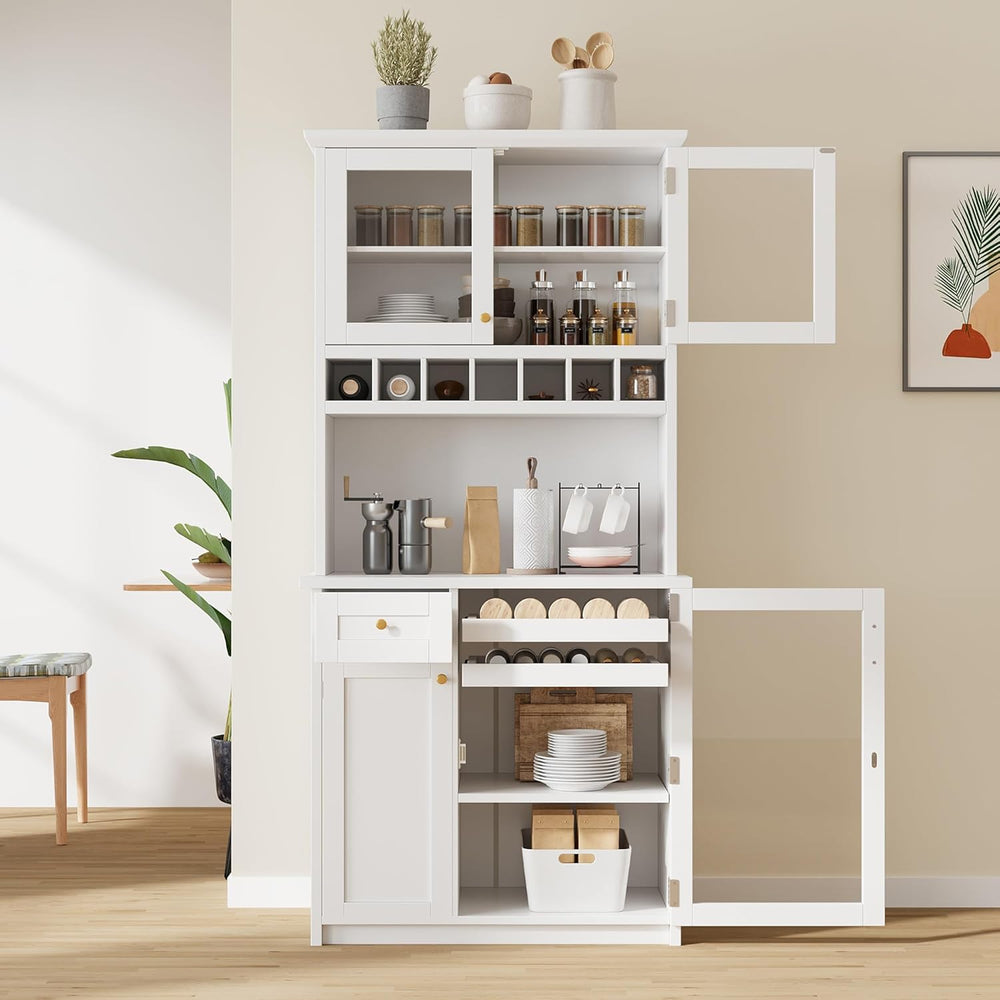LUMISOL Farmhouse Kitchen Pantry Cabinet with Wine Rack, Freestanding Buffet ...