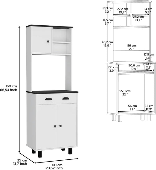 23.6" D*13.7" W Freestanding Kitchen Pantry with Dawer & 2 Shelves, Top Single Door & Lower Double Door, Rectangular Storage Cabinet, Modern Minimalist, for Living Room, Dining Room, White
