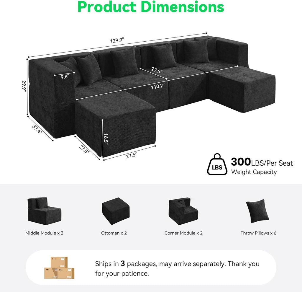 MONVANE U Shaped Boneless Sectional Couch Oversized, Chenille, Black | 6-Seat Sectional Couch for Living Room, Modular Cloud Sofa with Ottoman & 6 Throw Pillows, No Assembly Required