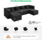 MONVANE U Shaped Boneless Sectional Couch Oversized, Chenille, Black | 6-Seat Sectional Couch for Living Room, Modular Cloud Sofa with Ottoman & 6 Throw Pillows, No Assembly Required