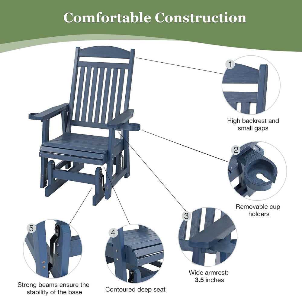 Poly Lumber Patio Glider for One Person, with Cup Holders, High Backrest and ...