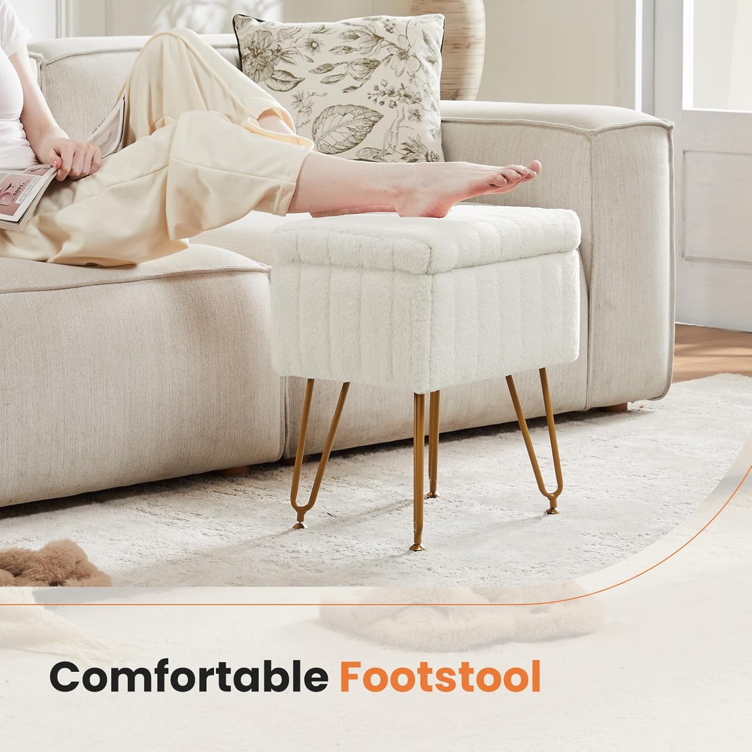 OLIXIS Vanity Stool Chair Faux Fur with Storage, Soft Ottoman 4 Metal Legs with Anti-Slip Feet, Makeup Cute Soft Small Footstool, Modern Style Faux Fur Seat for Makeup, Bedroom Dresser, Ivory