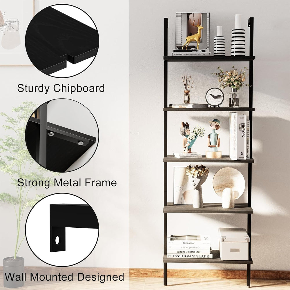 aboxoo Ladder Shelf Open 5-Tier Bookshelf Wall-Mounted Black Wood Bookcase St...