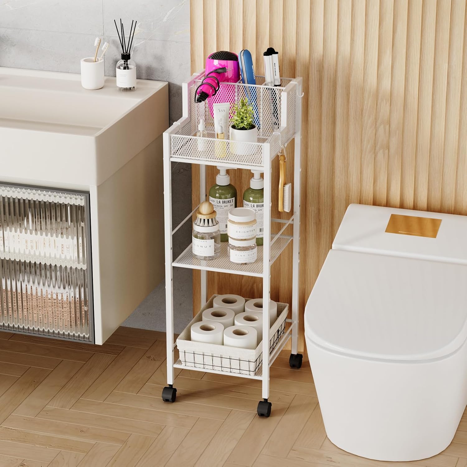 VITVITI Metal Hair Tool Organizer Shelf for Bathroom, 3 Tiers Hair Product Organizers Cart Floor Stand, Curling Irons Straighteners Storage Makeup Organizers for Vanity (White Color)