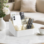 Remote Control Holder with 4 Compartments, PU Leather Small Nightstand Organizer for Home Desk Accessories Office Supplies, Multifunctional Stylish Small Bedside Desktop Organizers (White)