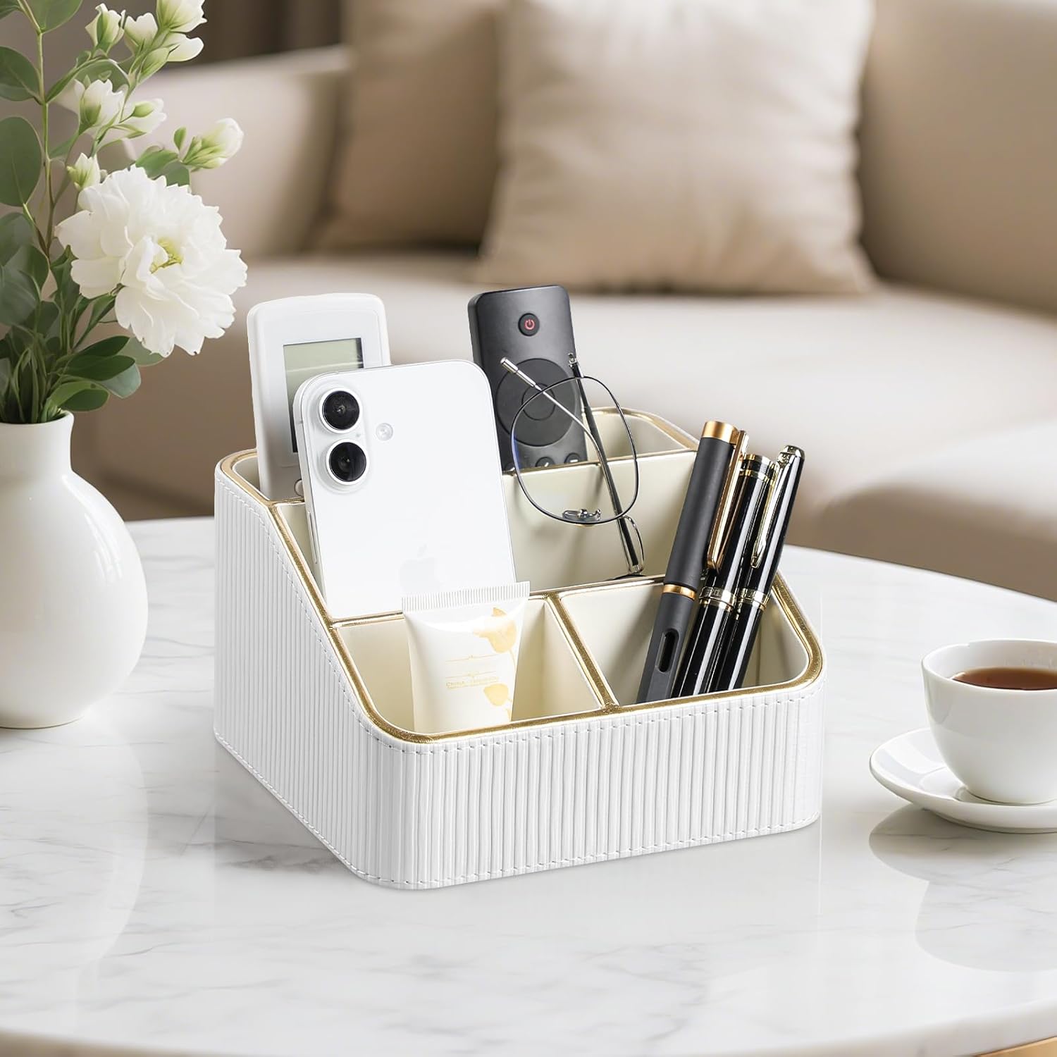 Remote Control Holder with 4 Compartments, PU Leather Small Nightstand Organizer for Home Desk Accessories Office Supplies, Multifunctional Stylish Small Bedside Desktop Organizers (White)