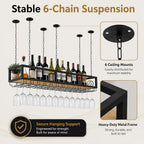 Ceiling Wine Glass Rack - Hanging Wine Rack with Glass Holder and Shelf, Height Adjustable Industrial Hanging Wine Bottle Holder, Black Metal Ceiling Shelf for Bar Cafe Kitchen (47.2×9.8×8.6in)