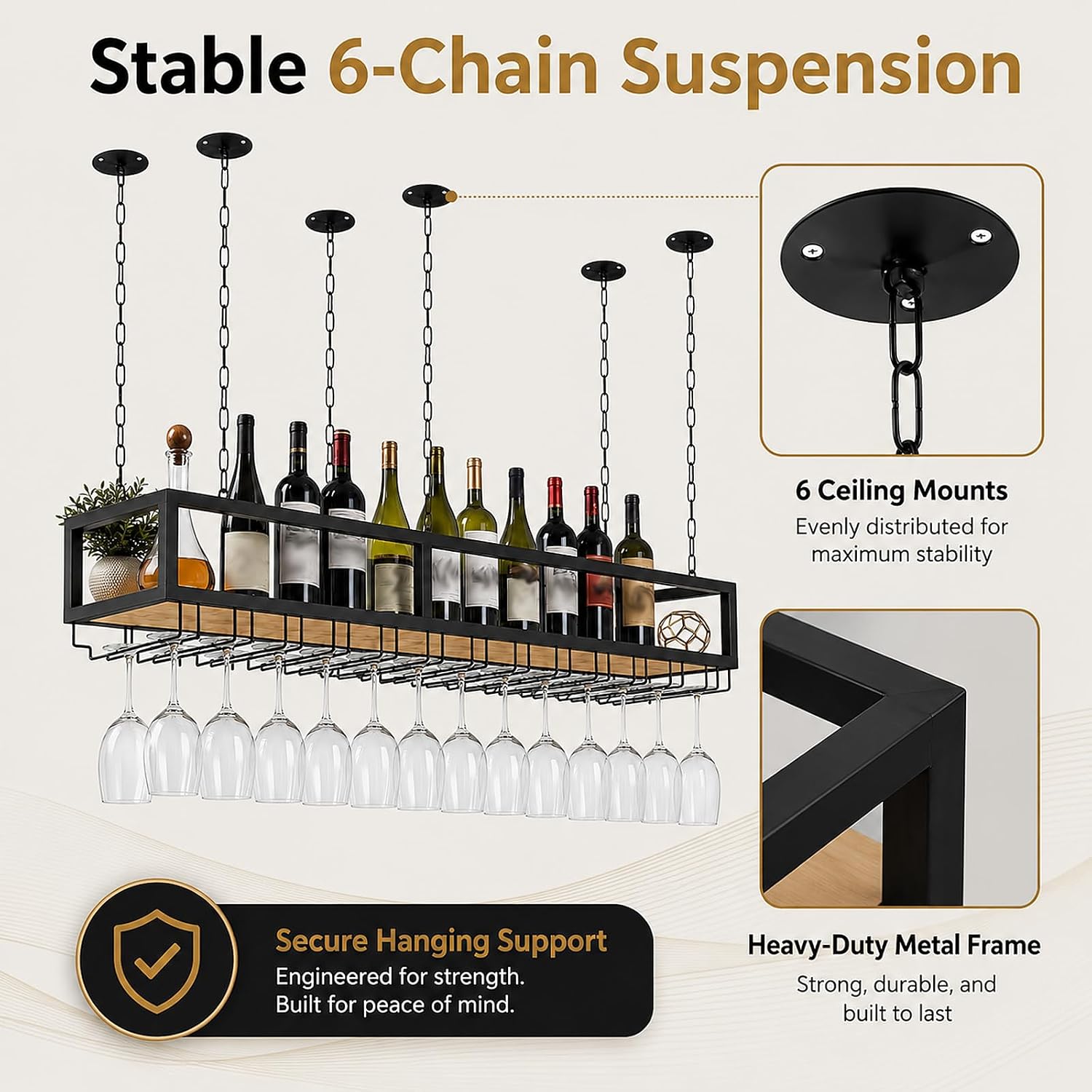 Ceiling Wine Glass Rack - Hanging Wine Rack with Glass Holder and Shelf, Height Adjustable Industrial Hanging Wine Bottle Holder, Black Metal Ceiling Shelf for Bar Cafe Kitchen (47.2×9.8×8.6in)