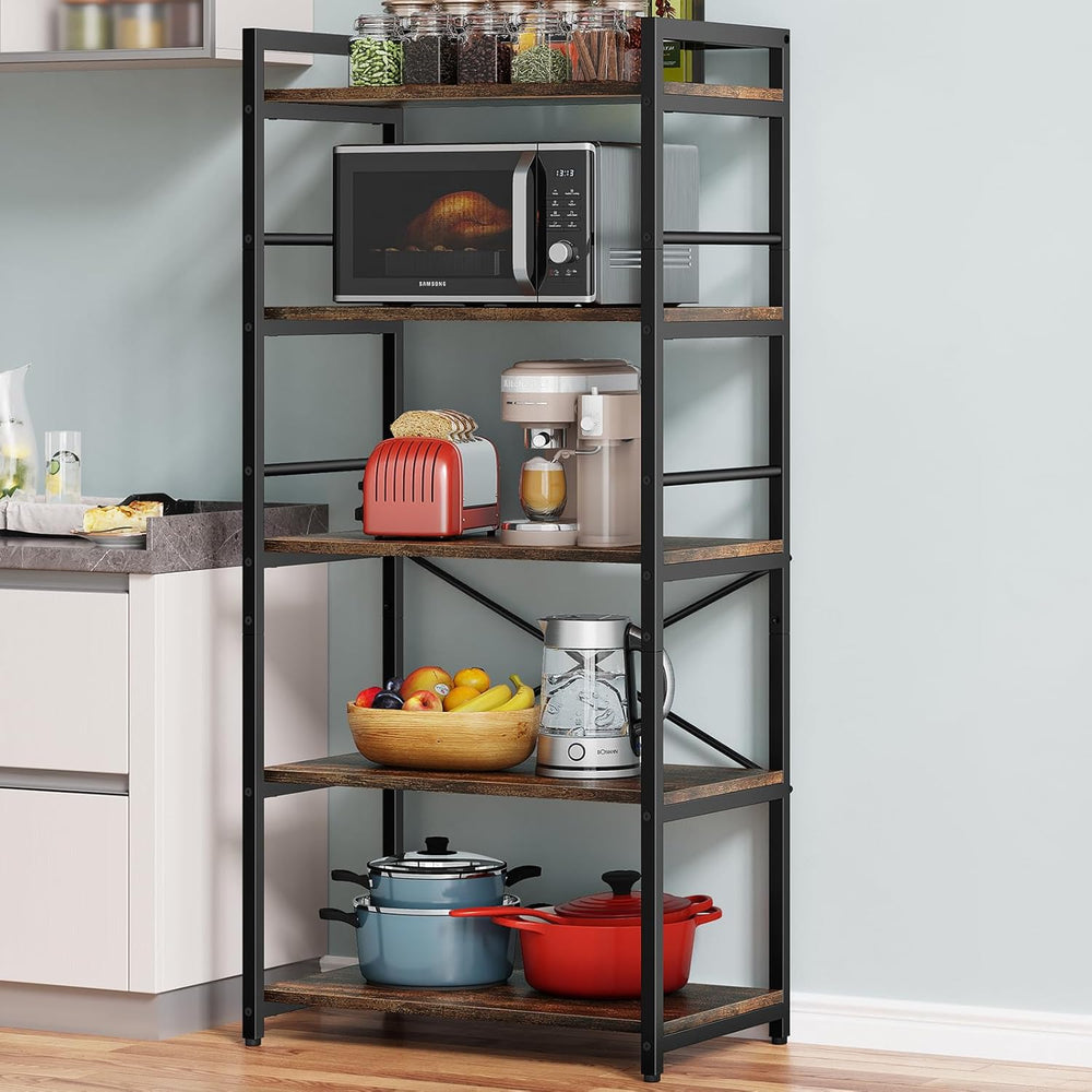Denkee 5-Tier Bakers Rack for Kitchen with Storage, Industrial Microwave Stan...