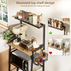 Bakers Rack with Foldable Basket, Large 4 Tiers Coffee Bar Station, Kitchen Microwave Stand with Storage, Metal Shelf Rack for Living Room, Office, Garage (Rustic Brown)