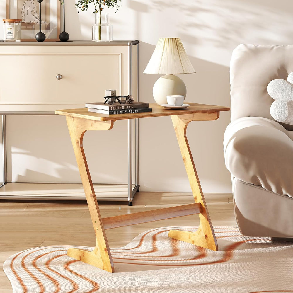 Tangkula Bamboo TV Tray Sofa Side Table, Z-Shaped Couch Table with 30” x 16” ...